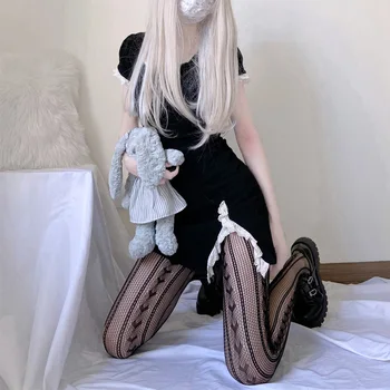 Japonijos Tamsiai Meilės Dryžuotos Kojinės Moterų Gotikos Prekės Dizaineris Nėrinių Žvejybos Tinklas Kojinės Ponia Lolita Sexy Love Taškų Triko Moteris