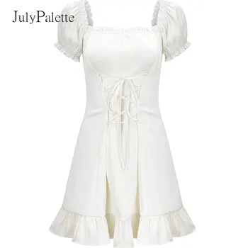 Julypalette Elegantiškas Sluoksniuotos Rankovėmis Vasarą-line Suknelė 2021 Moterų Priekiniai Baltos spalvos Tvarsčiu Slim Šalis Suknelė Saldus Ruffles Moterų Vestido