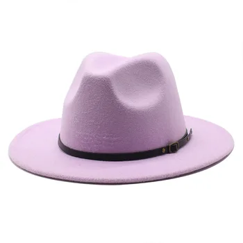 Karšto Pardavimo Šviesiai violetinės spalvos Vilnonių Fedora Skrybėlės Ponios Dryžuotas Retro Butas Briauna Tiesi Pusėje Vyrų, Moterų Džiazo Panamos Skrybėlė