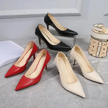 Komfortas office aukštakulniai moteriški odiniai batai juoda darbą, maži batai kulniukai 7.5 cm femme bateliai paprastą moterį, siurbliai, didelis dydis 46