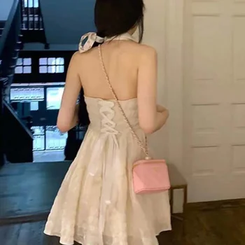Korėjos Kawaii Dirželis Suknelė Moterims Tvarstis Backless Atsitiktinis Seksuali Mini Suknelė Moteriška Vasaros 2021 Aukšto Juosmens Prašmatnus Šalis Saldus Suknelė