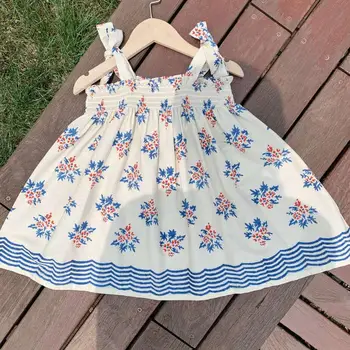 Kūdikių mergaičių drabužių medvilnės prancūzijos sielovados stilius Paprastas mėlynos spalvos gėlių spausdinti rankovių suspender suknelė
