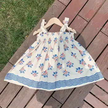 Kūdikių mergaičių drabužių medvilnės prancūzijos sielovados stilius Paprastas mėlynos spalvos gėlių spausdinti rankovių suspender suknelė