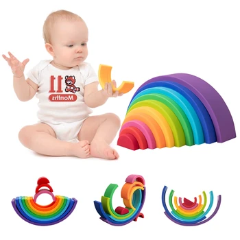 Kūdikių Žaislų Silikono Žaislai Vaivorykštė Kūrimo Bloką, Spalvinga Kūrybinių Blokai BPA Free Pusiausvyrą Žaidimas Montessori Ugdymo Krovimas Žaislas