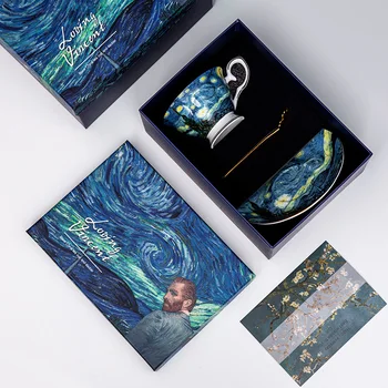 Kūrybos Van Gogho Tapybai Fine Bone China Arbatos Puodelis ir Lėkštelė Rinkinys su Dovanų Dėžutė