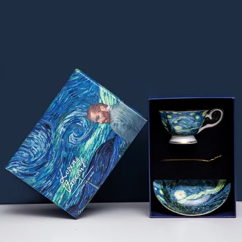 Kūrybos Van Gogho Tapybai Fine Bone China Arbatos Puodelis ir Lėkštelė Rinkinys su Dovanų Dėžutė