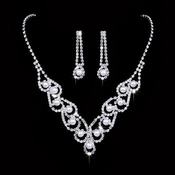 L112 Prabangių vestuvių papuošalų rinkinys grandinės sidabro padengtą tuščiaviduriai kristalų, perlų rinkinys, 2-piece priedai