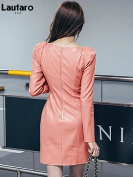 Lautaro Pavasario Odos Mini Suknelė Moterims kvadratinių kaklo Trumpas Apvalkalas Minkštas Dirbtiniais Odos Suknelės Moterims 2021 Stilingas Mados kilimo ir tūpimo Tako