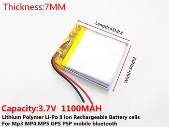 Li-po 3,7 V,1100mAH,[703443] Polimeras ličio jonų / Li-ion baterija DVR,GPS,mp3,mp4,mp5,garsiakalbis;vietoj