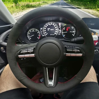 LQTENLEO Juoda natūralios Odos Zomšiniai Vertus Siuvimo Automobilio Vairo Dangtelis Mazda 3 Axela 2019 2020 CX-30 2020 MX-30 2020 m.