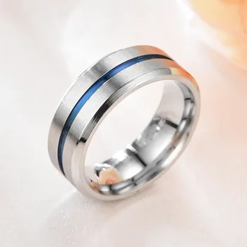 Mados 8mm Nerūdijančio Plieno Vidurio Mėlyna Linija Žiedas Vyrų Žiedas, Nerūdijančio Plieno, Blue Groove Žiedas mens žiedai