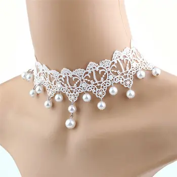Mados Elegantiška Vintage Imitacija, Perlų Balta Nėrinių Pareiškimą Choker Kaklo Ir Vestuviniai Papuošalai Moterims Vestuvių