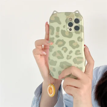 Mados Leopard Grūdų Telefono dėklas Skirtas iPhone 12 11 Pro Max X XR XS Max 7 8 Plius Mielas 3D Kačių Ausų Veiduką Pakabukas Minkšto Silikono Rubisafe
