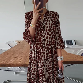 Mados Leopard Print Mygtuką Ilgi Marškinėliai-Suknelė Moterims 2021 M. Pavasarį 3/4 Rankovėmis Varpo Šalis Suknelė Vintage V Kaklo Vasaros Paplūdimio Suknelės