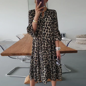 Mados Leopard Print Mygtuką Ilgi Marškinėliai-Suknelė Moterims 2021 M. Pavasarį 3/4 Rankovėmis Varpo Šalis Suknelė Vintage V Kaklo Vasaros Paplūdimio Suknelės