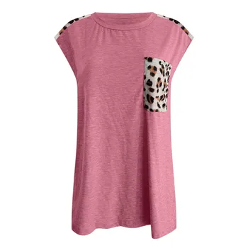 Mados Moterų Marškinėliai Femme Atsitiktinis Palaidų Sujungimas Leopard Kišenes, O-Kaklo trumpomis Rankovėmis T-Shirt Vasaros Viršūnes camisetas de mujer