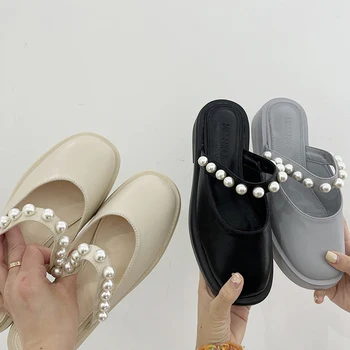 Mados Perlų Šlepetės Moterims 2021 Elegantiškas Kojų Slysta Moteris Slydimo Pu Odos Lady Muller batai šlepetės BC153