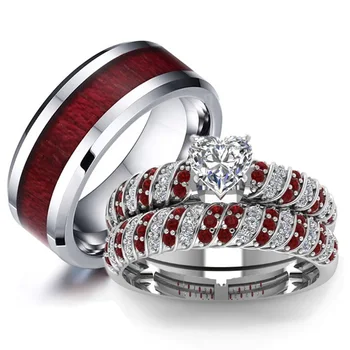Mados Pora Žiedus Moterų Širdies White Crystal CZ Žiedai Nustatyti Vyrų Raudona Medžio Apdaila, Nerūdijančio Plieno Žiedas Vestuvių Juostoje Papuošalai