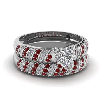 Mados Pora Žiedus Moterų Širdies White Crystal CZ Žiedai Nustatyti Vyrų Raudona Medžio Apdaila, Nerūdijančio Plieno Žiedas Vestuvių Juostoje Papuošalai