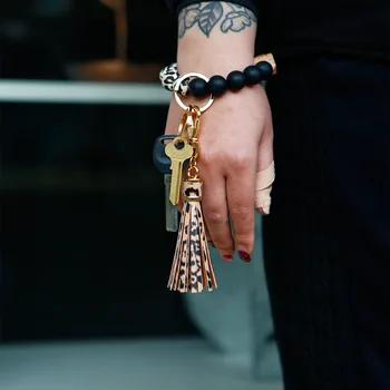 Mama Medinių Karoliukų apyrankė-antriešis Keychain Leopardas Spausdinti Tampri Silikoninė Apyrankė Key Chain Raktų Žiedas su W/ Kutas 23.5*8,5 cm