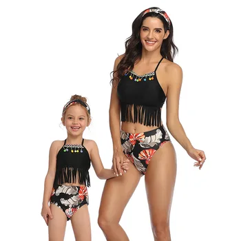 Mamytė ir man maudymosi kostiumėlį Lapų Spausdinimo Susiėmę Bikini Nustatyti Vasaros Paplūdimys Atostogų Šeima Atrodo maudymosi kostiumėlį Mama Dukra