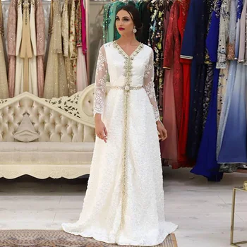 Marokas Kaftan Vakaro Suknelės V-Kaklo, Puošnios su Cirkonio Long Sleeve Lace Balta arabų Musulmonų Prom Šalis Suknelė 2020 m.