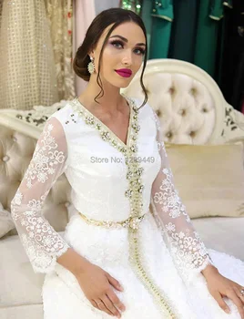 Marokas Kaftan Vakaro Suknelės V-Kaklo, Puošnios su Cirkonio Long Sleeve Lace Balta arabų Musulmonų Prom Šalis Suknelė 2020 m.