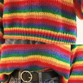 Megztiniai Moterims Naujos Mados Vaivorykštė Dryžuotas Koledžo Merginų Pasėlių Džemperiai korėjos Pagrindinių Žiemos Laisvalaikio Visas rungtynes, Miela Moteris Trikotažas