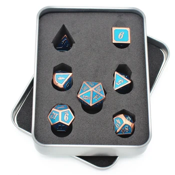 Metalo Kauliukai D4 D6 D8 D10 D% D12 D20 su Juodos spalvos Minkštos Raišteliu Maišelį DnD RPG stalo Žaidimai Vario ir blue 7 vnt kauliukų rinkinys dėžutėje