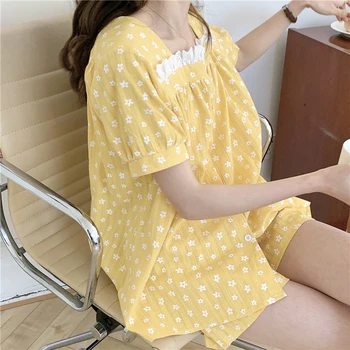 Minkštas patogus moterų pižama nustatyti lacework trumpas rankovės puloveriai šortai kostiumas homewear 2 dalių komplektas vasaros sleepwear geltona Y612