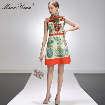 MoaaYina Mados Dizaineris Suknelė Vasaros Moterų suknelė be Rankovių Zawalcowany Raukiniai Vintage Floral-Print Trumpos Suknelės