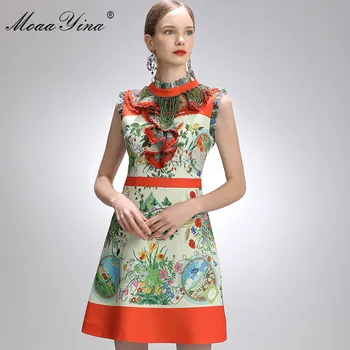 MoaaYina Mados Dizaineris Suknelė Vasaros Moterų suknelė be Rankovių Zawalcowany Raukiniai Vintage Floral-Print Trumpos Suknelės