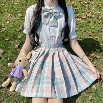 Mokyklos Mergaitė Vienodas Plisuotas Sijonas, Japonijos Studentų vidurinės Juosmens-Line Pledas Sijonas Seksualus JK Uniformų Moteris, Pilnas Komplektas