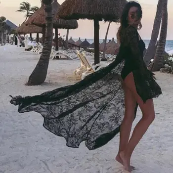 Moteris Juoda Balta Bikini Padengti Iki Vasaros Sexy Nėrinių Kimono Boho Paplūdimys Ilgas, Maxi Suknelė Vien Laisvi Kaftan Tunika Maudymosi Kostiumėlį