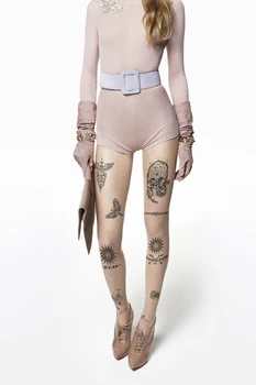 Moteris pėdkelnės mados spausdinti tatuiruotė-ultra plonas, kūno spalvos T šakumo kojinės kaukolė gyvatė pėdkelnės