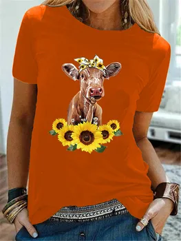 Moterų Lady Marškinėliai Saulėgrąžų Karvė, Jautis Derliaus Spausdinti Marškinėlius Ponios Tee Marškinėliai Moterims, Moterų Topai Rūbų, Grafinis T-shirt