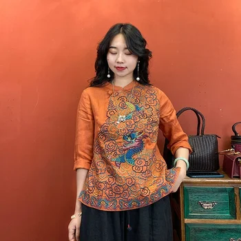 Moterų Lino Kinų Stiliaus, Siuvinėtų Qipao Viršūnes Etninės Vintage Stiliaus Elegantiškas Cheongsam Marškinėliai Atsitiktinis Palaidinė Rytietiškų Drabužių