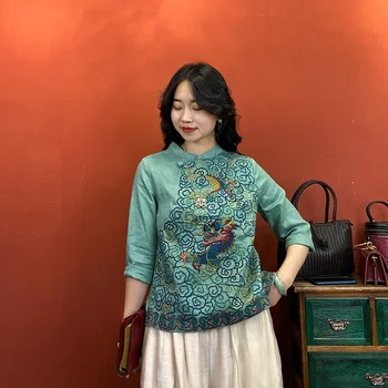 Moterų Lino Kinų Stiliaus, Siuvinėtų Qipao Viršūnes Etninės Vintage Stiliaus Elegantiškas Cheongsam Marškinėliai Atsitiktinis Palaidinė Rytietiškų Drabužių