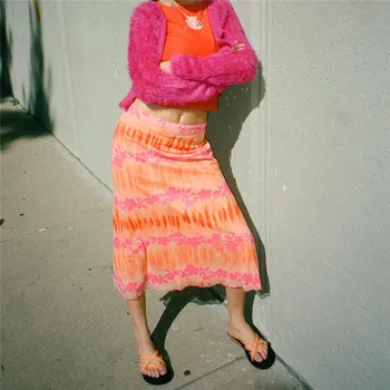 Moterų Mados Sundress Gėlių Spausdinimo, Ryškių Spalvų, Bohemiškas Stilius Atsitiktinis Vasaros Atostogų Beach Party Streetwear Orange Midi Sijonas
