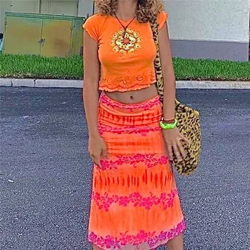 Moterų Mados Sundress Gėlių Spausdinimo, Ryškių Spalvų, Bohemiškas Stilius Atsitiktinis Vasaros Atostogų Beach Party Streetwear Orange Midi Sijonas