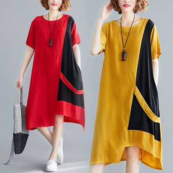 Moterų Medvilnės Plius Dydis Kontrasto Spalvų Korėjos Vasaros Suknelė Midi Atsitiktinis Palaidų Drabužių Mados Elegantiškas Vestidos 2021 Ponios Suknelės