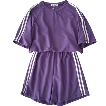 Moterų Pižama korėjos vientisos Spalvos Dryžuotas trumpomis Rankovėmis Marškinėliai Mini Šortai Dviejų dalių Komplektas Atsitiktinis Moterų Sleepwear Kostiumas Vasarai
