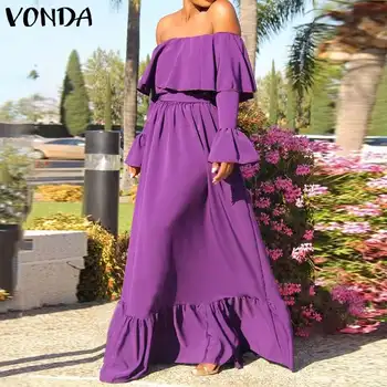 Moterų Suknelė VONDA 2021 m. Vasarą Off Peties Maxi Suknelė Atsitiktinis, Kietas Pynimas-trim Plisuotos Ilgos Suknelės Bohemijos Vestidos Kleid
