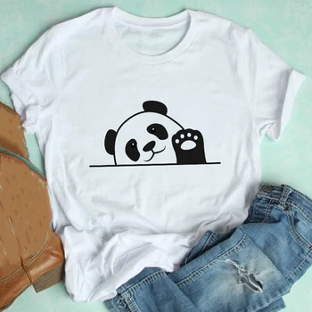 Moterų trumpomis Rankovėmis Animacinių filmų Panda Veido Pavasario Vasaros Atsitiktinis Mujer Camisetas Drabužius Spausdinti Marškinėlius Moterų Tee Viršuje Grafinis T-shirt
