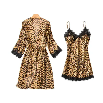 Moterų Vasaros Leopard Pižama Mados Temperamentas Suspender Sijonas + Cardigan Dviejų dalių Nightdress Sexy Nėrinių Ponios Pižama A220