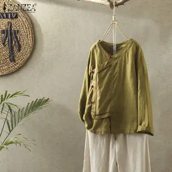 Moterų Vintage Marškinėliai ZANZEA Pavasario ilgomis Rankovėmis Medvilnės Palaidinė Atsitiktinis Palaidų Viršūnes Retro Mygtukai Blusas Kietas Chemise Tunika