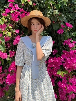 Mėlynos Spalvos Šifono Gėlių Suknelės Moterims 2021 M. Vasarą Šviežios Mori Serijos Saldus Prancūzijos Ilga Suknelė Japonijos Korėjiečių Atsitiktinis Palaidų Geltona