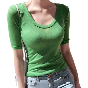 Nauja Vasaros Viršų Seksualus Marškinėliai Moterims Elastingumą T-Shirt Korėjos Stiliaus Moteris Drabužiai Slim Marškinėlius Moterų Liesas Trumpomis Rankovėmis Viršūnes Tee