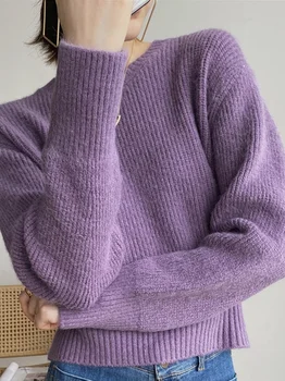 Naujas 2021 m. Pavasarį Moterų Megztinis Puloveriai Šiltas Minimalistinio korėjos Trumpas Elegantiškas Violetinis Megztinis Vientisų Saldus Moteriški Džemperiai