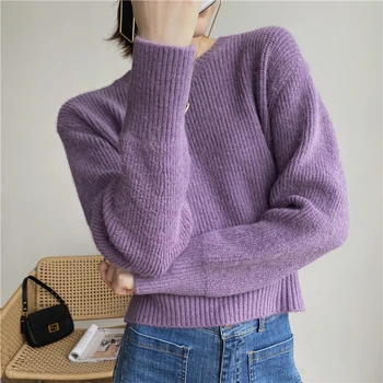 Naujas 2021 m. Pavasarį Moterų Megztinis Puloveriai Šiltas Minimalistinio korėjos Trumpas Elegantiškas Violetinis Megztinis Vientisų Saldus Moteriški Džemperiai